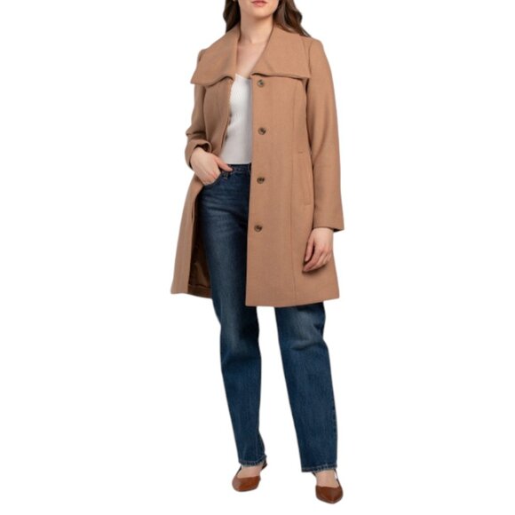 COLE HAAN Camel Wool Blend Oversized Collar Coat - Picture 1 of 2